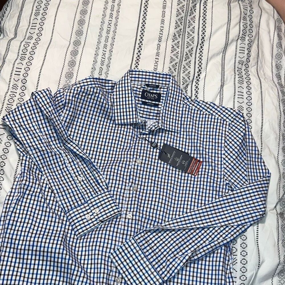 NWT Chaps Slim Fit Stretch Button-Down Shirt – Size Large 16/16.5 (32/33) – Blue